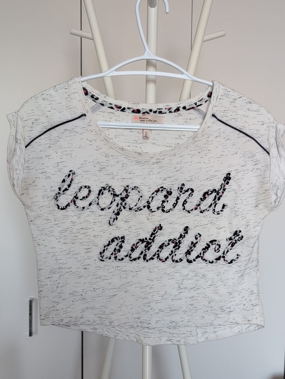 3/$30 Bershka White Tee with Black Script and Pink Logo Accent